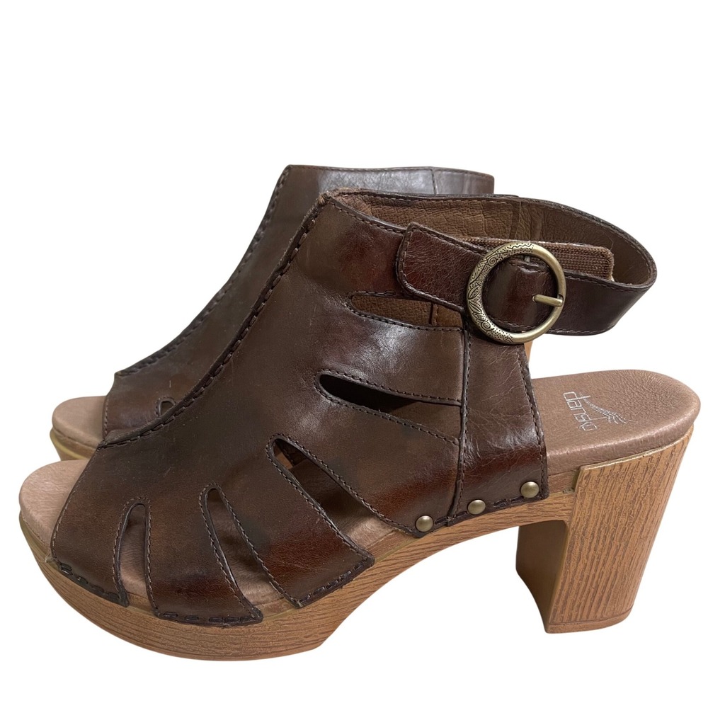 Dansko Brown Leather Platform demetra Sandals Wood Block Heel Womens 39 8.5-9